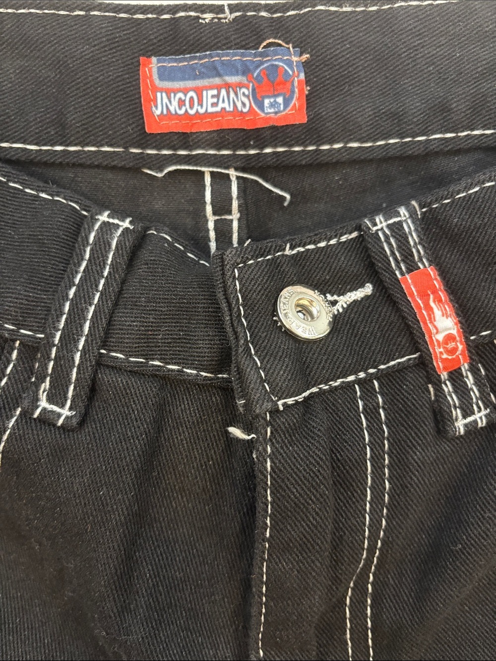 JNCO Black Boot Cut Jeans with White Contrast Stitching and Red Tab size small - Picture 2 of 9